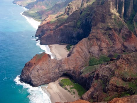 Aerial image of the inaccessible coast of Na Pali in Kauai