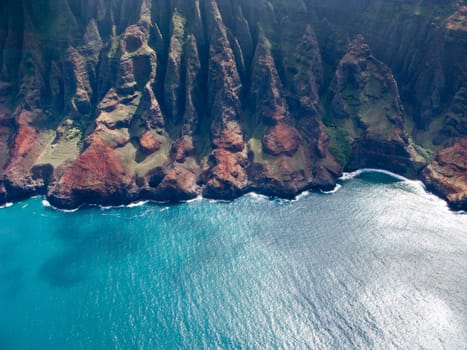 Aerial image of the inaccessible coast of Na Pali in Kauai