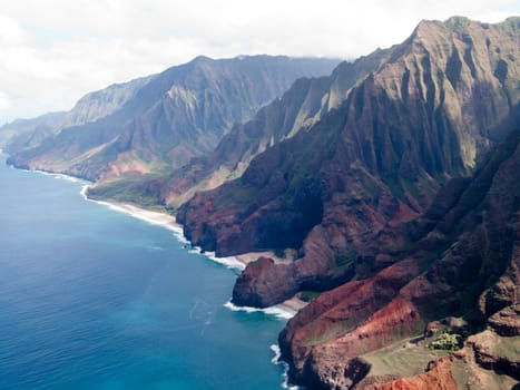Aerial image of the inaccessible coast of Na Pali in Kauai