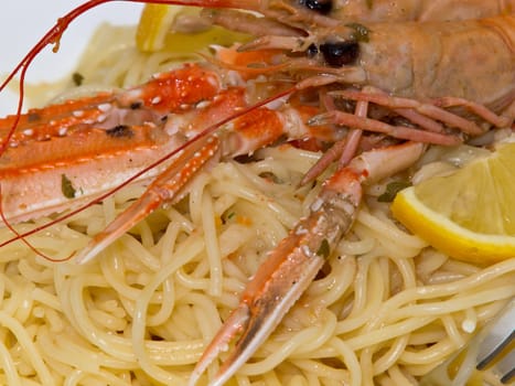 pasta with shrimps on the plate