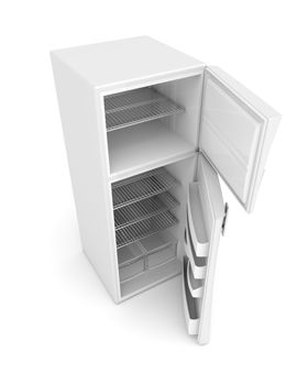 Empty white fridge with opened doors