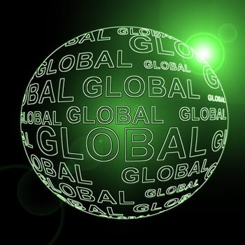 Illustration depicting a black sphere with the words 'global' arranged over the entire shape. Black background and green filter.