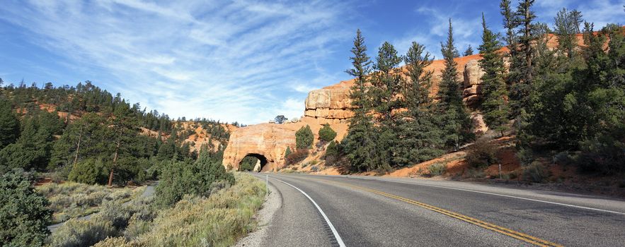 Road to Bryce Canyon National Park through tunnel in the rock, USA