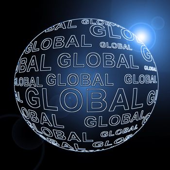 Illustration depicting a black sphere with the words 'global' arranged over the entire shape. Black Background and blue filter.