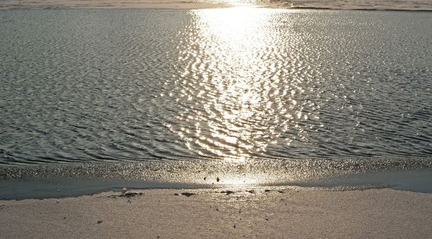 Close-up of a river with ice thawing under spring sun