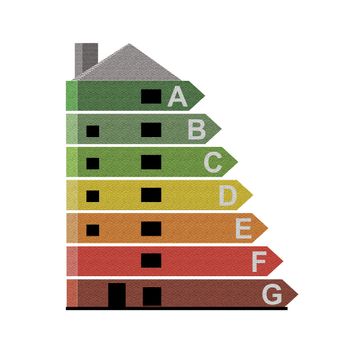 Illustrated energy efficiency chart giving the appearance of being incorporated into a building with black background.