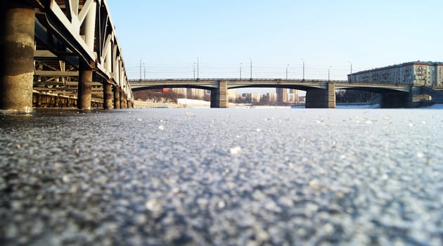 View on the bridges in the winter morning in Moscow