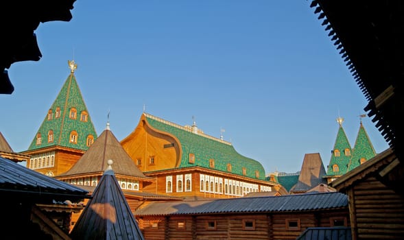 A framed shot of wooden palace in Kolomenskoye. Reconstruction of the 17th century building, Moscow, Russia