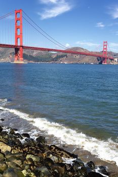 vertical view of Golden Gate Bridge in San Francisco, California, USA 