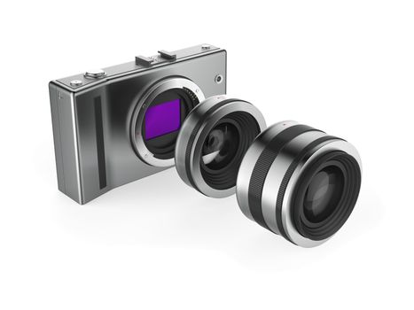 Mirrorless camera with lenses on white background