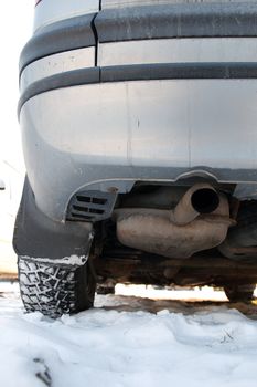engine is not running in cold winter day, Muffler without smoke