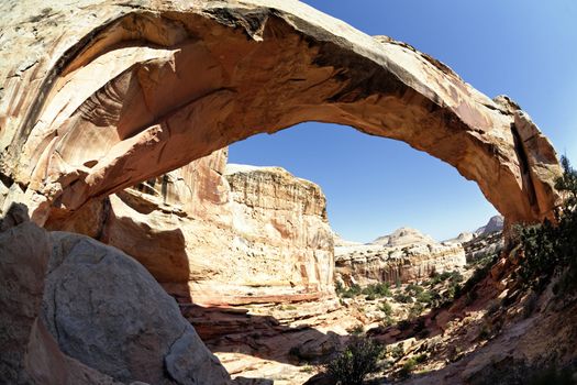 Hickman Natural Bridge spans a canyon at Capitol Reef National Park of Utah 