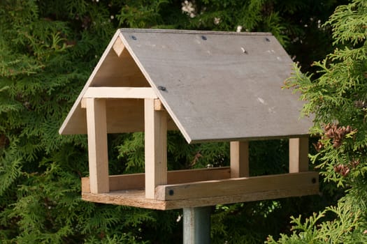 Wooden bird feeder in a garden tree