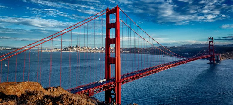 panoramic view of famous Golden Gate Bridge in San Francisco, California, USA 