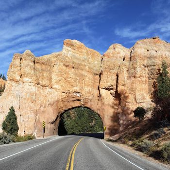 Road to Bryce Canyon National Park through tunnel in the rock