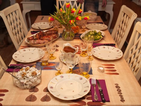 Festive decorated table set for a tasty gourmet dinner