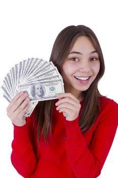 Young girl holding her paycheck, all one hundred dollar banknotes.