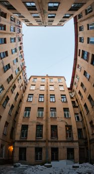 Panoramic well yard of the houses with apartments