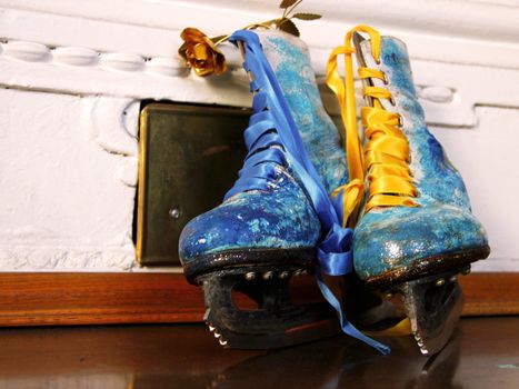 Beautiful ancient skates painted under winter subjects