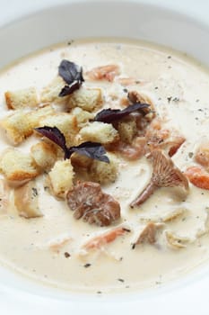 Hot soup in the white dish on wooden table