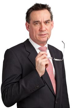 Smiling Middle Age Business Man in Suit holding glasses near face Isolated