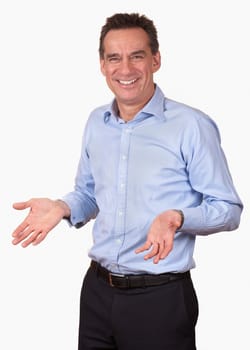 Attractive Smiling Middle Age Man in Blue Shirt with Open Hands Isoalted