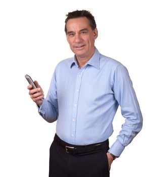 Attractive Smiling Middle Age Man in Blue Shirt Holding Phone Isolated