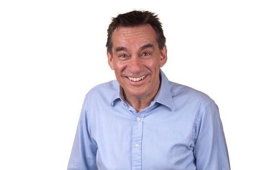 Attractive Middle Age Man in Blue Shirt Laughing with Silly Smile Isolated