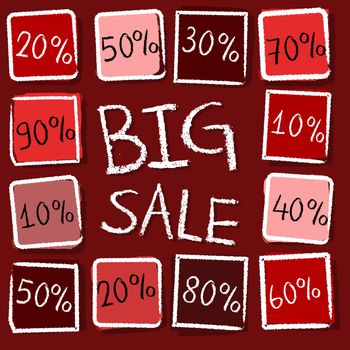 big sale and different percentages - retro style red label with text and squares, business concept