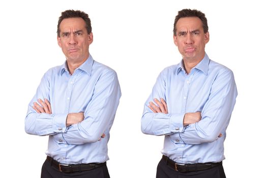 Attractive Middle Age Man in Blue Shirt with Grumpy Unhappy Expression Two Ways Isolated