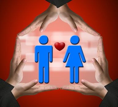 Hands showing Home sign with Male and Female in love using for Sweet home conceptual