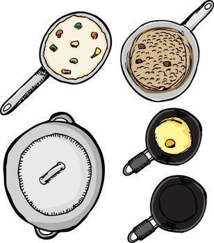 Top-view of pots and pans with food isolated over white