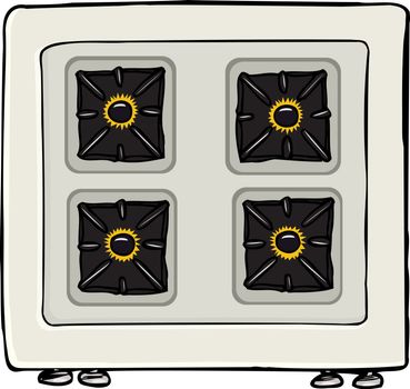 Top-view of stovetop with lit burners isolated over white