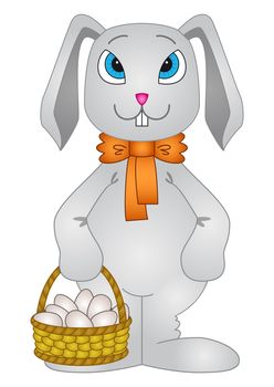 Holiday cartoon, rabbit bunny with a basket of Easter eggs