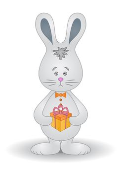 Holiday easter toy rabbit with a gift box, isolated