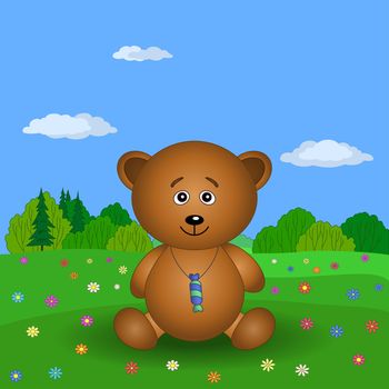 Toy teddy bear with a sweet on a flower meadow