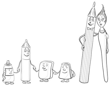 Cartoon, contours, stationery family: pencils, brush, tube, eraser and pencil sharpener