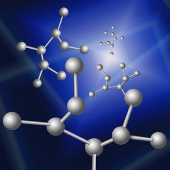 Illustration depicting molecular structure concept with blue abstract background.