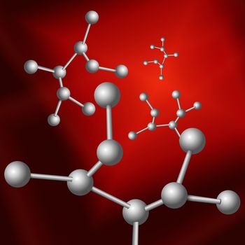 Illustration depicting molecular structure concept with red abstract background.