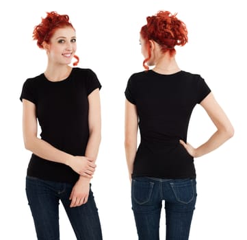 Young beautiful redhead female with blank black shirt, front and back. Ready for your design or artwork.