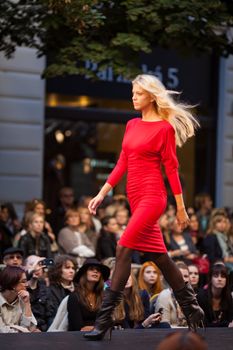 PRAGUE-SEPTEMBER 24: A model walks the runway during the 2011 autumn/winter Czech designers collection during the Prague Fashion Weekend on September 24, 2011 in Prague, Czech Republic.