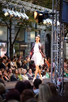 PRAGUE-SEPTEMBER 24: A model walks the runway during the 2011 autumn/winter Czech designers collection during the Prague Fashion Weekend on September 24, 2011 in Prague, Czech Republic.