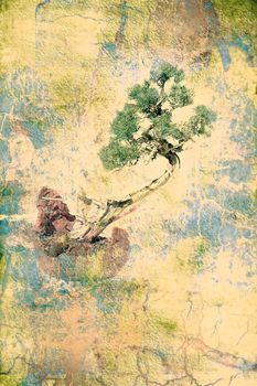 bonsai tree on grungy textured old paper  