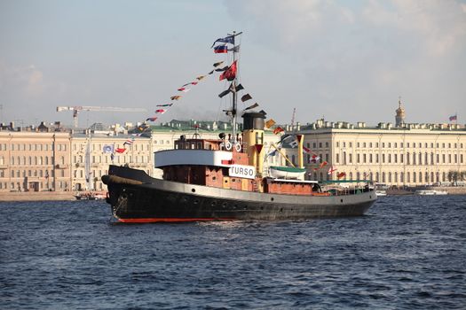 Old Finnish ship at anchor . Festival steamships in St. Petersburg.