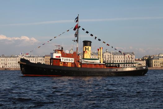 Old Finnish ship at anchor . Festival steamships in St. Petersburg.