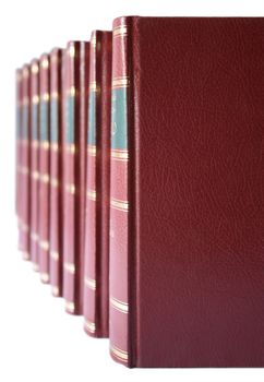 A row of a collection of books with red leather hard cover on a white background.