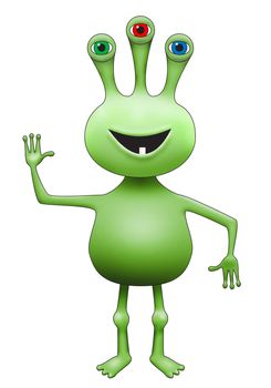 Illustration of green three-eyed extraterrestrial alien waving