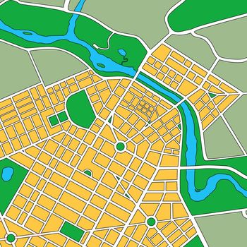 Map or plan of generic urban city showing streets and parks