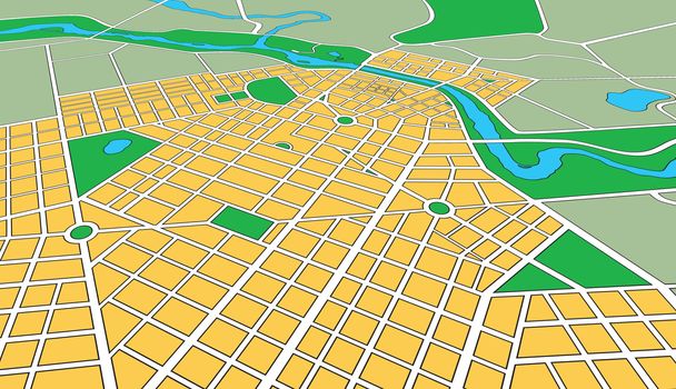 Map or plan of generic urban city showing streets and parks in perspective angle