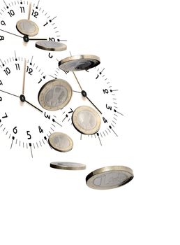 Business concept. Flying euro coins against clock faces on white background